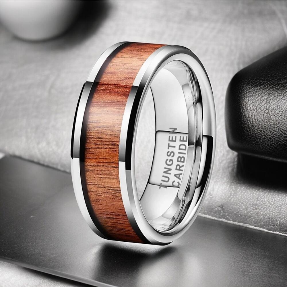 NEW 8mm tungsten carbonite wood inlay men's wedding band ring jewelry sz 9.5 B22
